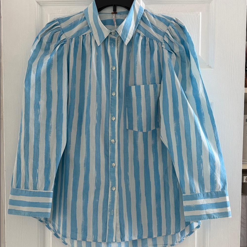 Free People button-down shirt with striped patterns and puffed,